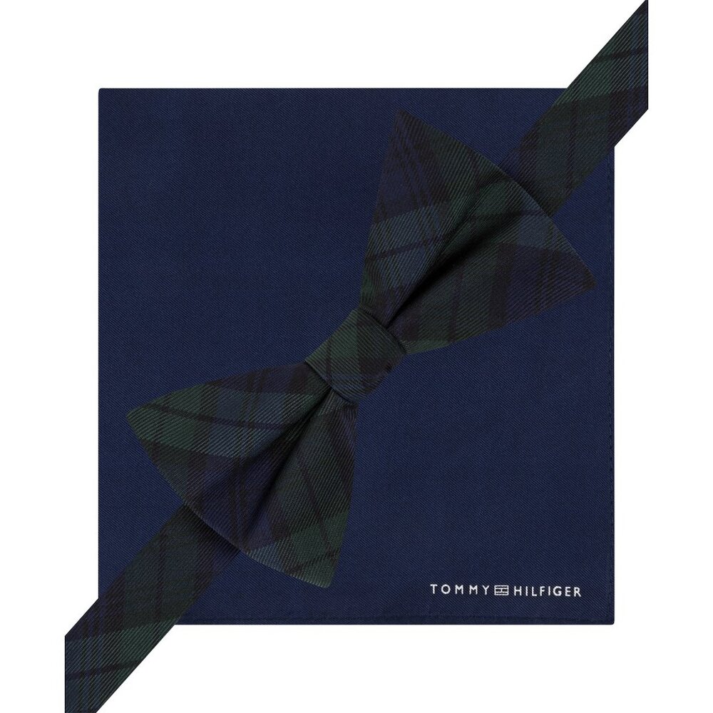 TOMMY HILFIGER Blackwatch Pre-Tied Bow Tie Navy Solid Pocket Square Silk Set
